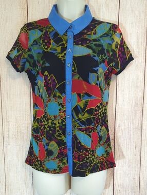Vintage Retro, Psychedelic,  Floral Print Short-Sleeve Button Polo Top Medium